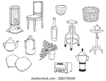 Line drawing illustration of natural and antique miscellaneous goods - Shutterstock ID 2082730540