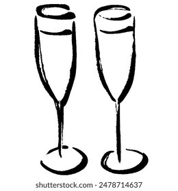 Line drawing illustration of a pair of champagne glasses with brush strokes