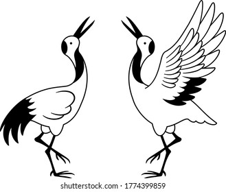Line drawing illustration of a pair of cranes facing each other and looking up