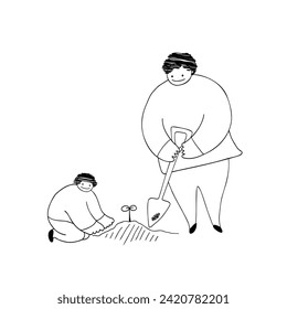 Line drawing illustration of parent and child planting a plant