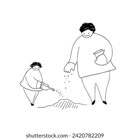 Line drawing illustration of parent and child sowing seeds