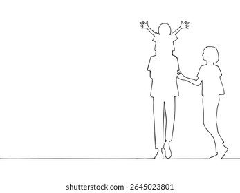 Ilustração de desenho de linha de um pai e filho fazendo passeio de ombro. Família feliz no feriado.