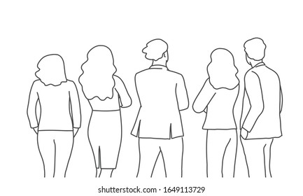 Line drawing illustration of people standing with their backs turned.