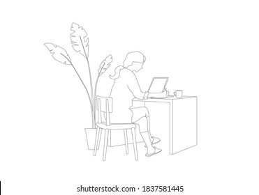 line drawing illustration of people working with computers in a comfortable position.