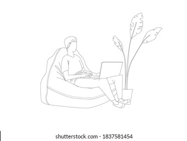 line drawing illustration of people working with computers in a comfortable position.