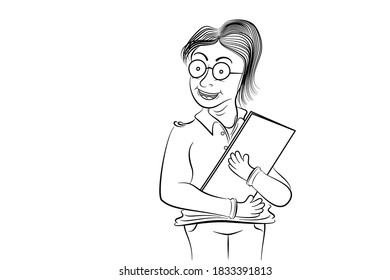 Line drawing illustration person wearing glasses standing holding documents