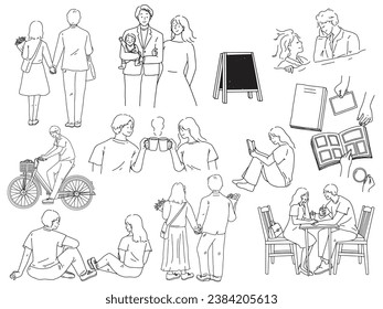 A line drawing illustration of a person.Couples, dates, children, high school students, happiness, babies and families.