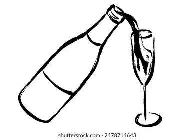 Line drawing illustration of pouring champagne into a glass