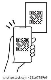Line drawing illustration reading a barcode with a smartphone