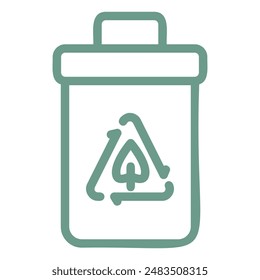 A line drawing illustration of a recycling bin with a recycling symbol featuring a leaf inside a triangle.