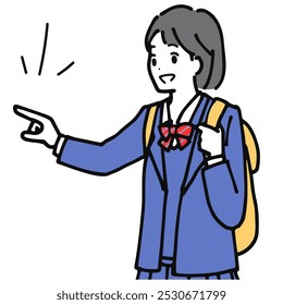 Line drawing illustration of a schoolgirl in school uniform smiling and pointing at something.