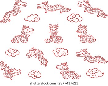 Ilustración de líneas conjunto de dragones rojos de estilo chino en varias poses y nubes giratorias