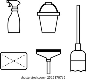 Line drawing illustration set of cleaning tools