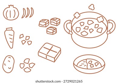 Line drawing illustration set of curry making.