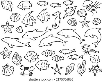 Line drawing illustration set of dolphins and sea creatures