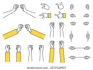 Line drawing illustration set of hands in various holding gesture.