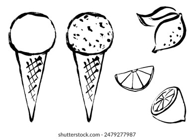 Line drawing illustration set of lemon flavor ice cream with brush touch