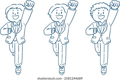 Line drawing illustration set of man raising his fist whole body