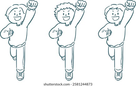 Line drawing illustration set of man raising his fist whole body