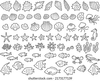 Line drawing illustration set of many sea creatures