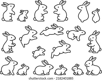 Line drawing illustration set of rabbit parents and children in various poses