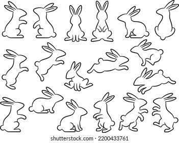 Line drawing illustration set of rabbit silhouettes in various poses