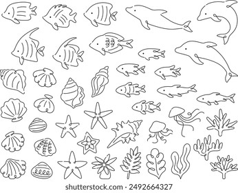 Line drawing illustration set of sea creatures
