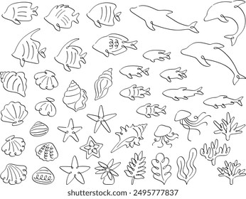 
Line drawing illustration set of sea creatures in calligraphy style