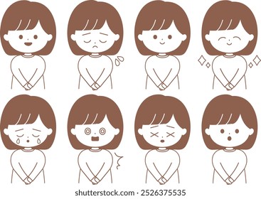 Line drawing illustration set of simple and cute female expression