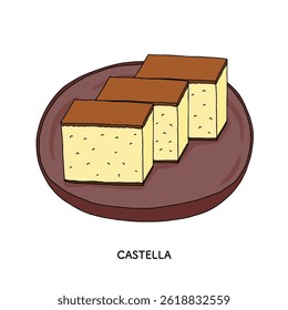 Ilustración de dibujo de línea de un conjunto de tres pasteles de castella