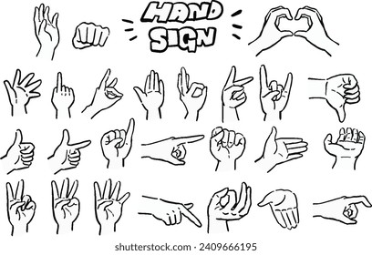 Line drawing illustration set of various hand signs Hand-drawn style illustrations
