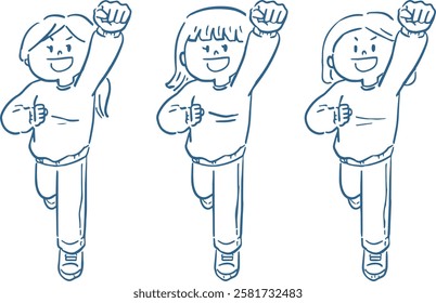 Line drawing illustration set of woman raising fist whole body