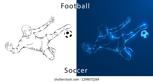 Line drawing. Illustration shows a football player kicks the ball. Soccer. Vector illustration