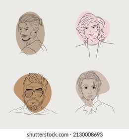 Line drawing illustration of six different types of male face shapes