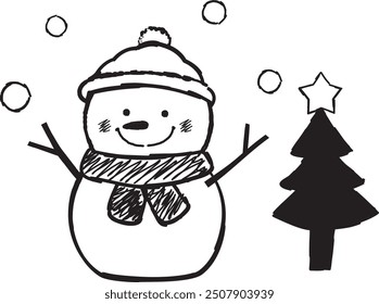 Line drawing illustration of a smiling snowman with his hands raised in front of a Christmas tree