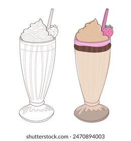 A line drawing illustration of a strawberry milkshake with whipped cream, a straw, and a strawberry.