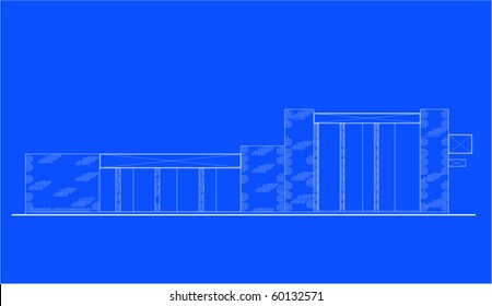 line drawing illustration of a strip mall or shopping center building viewed from front elevation on blue background