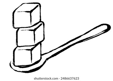 Illustration à la ligne de trois cubes de sucre sur une cuillère
