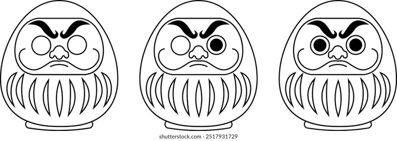 Line drawing illustration of three types of Daruma