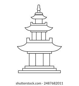 A line drawing illustration of a traditional Asian pagoda 