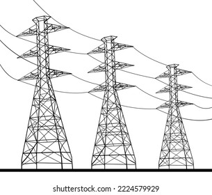 Line Drawing illustration of transmission tower or power line electricity pylons on isolated background done in black and white.