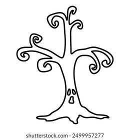 Line drawing illustration of a tree with Halloween design, old tree with face