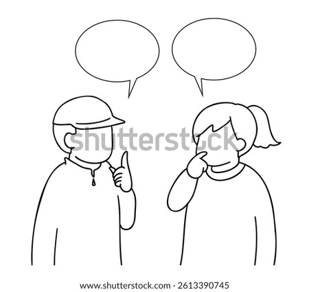 Line drawing illustration of two children talking