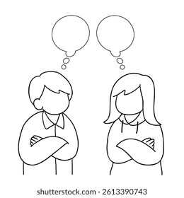 Line drawing illustration of two men and women thinking
