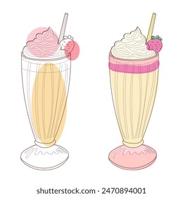 A line drawing illustration of two milkshakes, each with a strawberry on top and whipped cream.