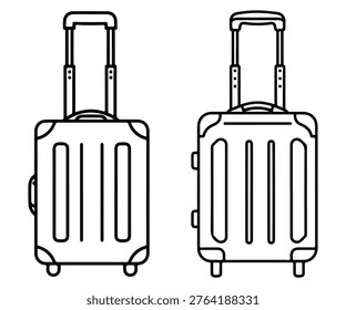 A line drawing illustration of two upright hard-sided suitcases with handles extended, showcasing their rectangular shape and multiple vertical lines
