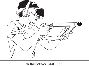 Ilustración de líneas de dibujo de juegos de realidad virtual con disparo de videojuegos VR, diseño gráfico de ilustraciones vectoriales para el dibujo de líneas de juegos de realidad virtual, juegos de realidad virtual posa en el dibujo de líneas