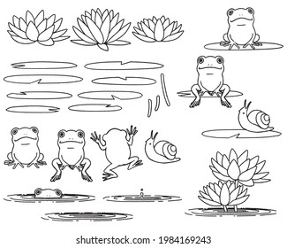 Line drawing illustration water lily  frog  snail