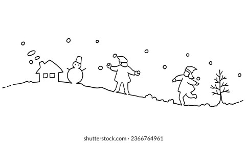 Line drawing illustration of a winter landscape with children having a snowball fight