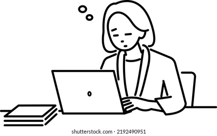 Line drawing illustration of a woman dozing off at work.